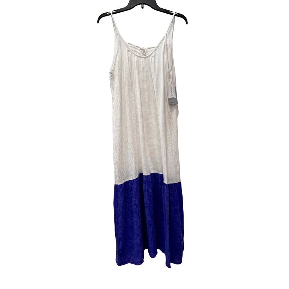 New Stitchdrop Size S Gauze Tiered White Blue Color block Maxi Sun Dress *Stain*